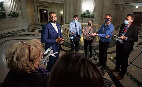 MIKE DEAL / WINNIPEG FREE PRESS
Obby Khan, MLA Fort Whyte, speaks to the media after his first question period, Monday afternoon.
220404 - Monday, April 04, 2022.