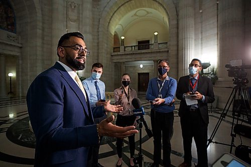 MIKE DEAL / WINNIPEG FREE PRESS
Obby Khan, MLA Fort Whyte, speaks to the media after his first question period, Monday afternoon.
220404 - Monday, April 04, 2022.