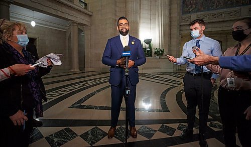 MIKE DEAL / WINNIPEG FREE PRESS
Obby Khan, MLA Fort Whyte, speaks to the media after his first question period, Monday afternoon.
220404 - Monday, April 04, 2022.