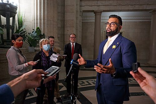 MIKE DEAL / WINNIPEG FREE PRESS
Obby Khan, MLA Fort Whyte, speaks to the media after his first question period, Monday afternoon.
220404 - Monday, April 04, 2022.