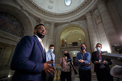 MIKE DEAL / WINNIPEG FREE PRESS
Obby Khan, MLA Fort Whyte, speaks to the media after his first question period, Monday afternoon.
220404 - Monday, April 04, 2022.