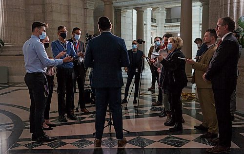 MIKE DEAL / WINNIPEG FREE PRESS
Obby Khan, MLA Fort Whyte, speaks to the media after his first question period, Monday afternoon.
220404 - Monday, April 04, 2022.