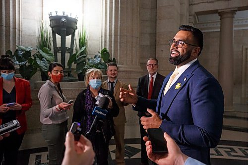 MIKE DEAL / WINNIPEG FREE PRESS
Obby Khan, MLA Fort Whyte, speaks to the media after his first question period, Monday afternoon.
220404 - Monday, April 04, 2022.