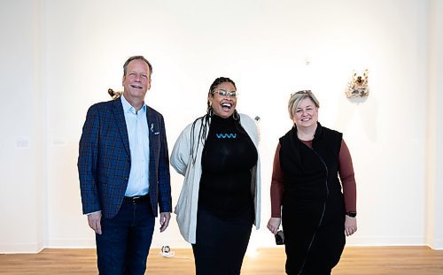 JESSICA LEE / WINNIPEG FREE PRESS

Aceartinc is a new artist-run centre in the Exchange District. Currently, artist Michel Dumont is exhibiting Along the Falling Stars: Megweayaiing anangoog gaabangishimowaad in the space. From left to right: Deputy mayor John Orlikow; Aceartinic board chair Allison Yearwood, and CentreVenture president and CEO Angela Mathieson pose for a photograph on April 8, 2022.

Reporter: Alan