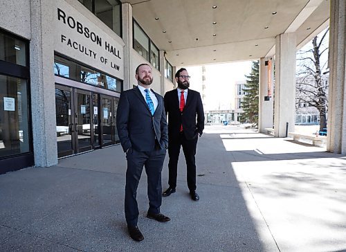 RUTH BONNEVILLE / WINNIPEG FREE PRESS

Reader Bridge

Photo of Dustin Seguin, (front, blue tie) a second-year law student at U of M and mentor with Law Makers and Adam Kowal, also a mentor with the program and president of the Manitoba's Indigenous Law Students Association, taken outside Robson Hall at the  U of M campus.

READER BRIDGE: U of M and Seven Oaks School Division have partnered on a new dual-credit mentorship program that aims to encourage Indigenous students to study law after high school. The Law Makers program is in its first pilot year. Talking/meeting with sources today, students included. "Growing up Indigenous and low-income, we didnt have anyone come in and tell us about post-secondary education or prospects or law schools -- oh, god  law school was so out of reach for us growing up," said mentor Dustin Seguin, who started law school at age 32 after a career in the military and wants to give back and provide mentorship to young Indigenous youth now so they can see themselves pursuing post-secondary. 

Reporter  Maggie 
April 8th,  2022
