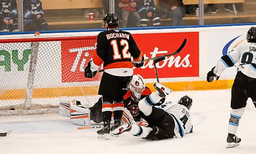 JOHN WOODS / WINNIPEG FREE PRESS
Winnipeg Ice Ben Zloty (4) scores on Medicine Hat Tigers Beckett Langkow (35) as Pavel Bocharov (12) defends in first period of WHL action at the University of Manitoba Sunday, April 10, 2022. 

Re: Sawatzky