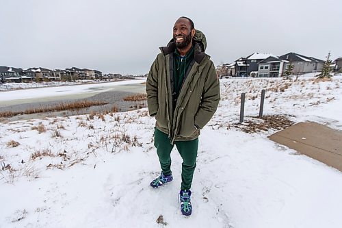 Daniel Crump / Winnipeg Free Press. Star Bombers defensive end Willie Jefferson poses for photos in Bridgewater. Two weeks ago, Jefferson and his family packed up their things in Texas to move full-time to Winnipeg. April 13, 2022.