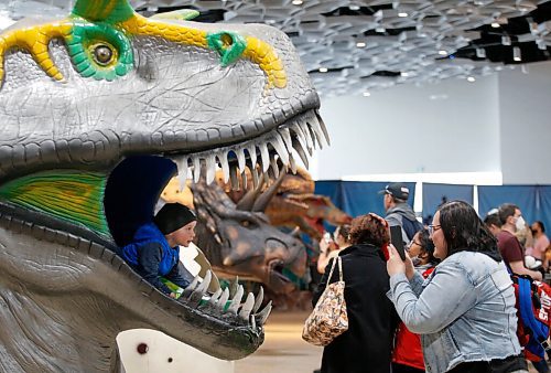 JOHN WOODS / WINNIPEG FREE PRESS
Kolton Patterson pops out of a dinosaur head as his mum Chantelle photographs him during Jurassic Quest at the Convention Centre Friday, April 15, 2022. 

Re: searle