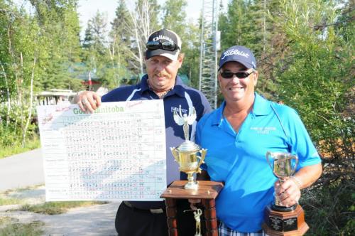 Andy Jacobsen (left) of Transcona Golf Club poses with official scoreboard sheet alongside champion Garth Collings of Breezy Ben at the Manitoba Mid-Amateur Golf Championship at Granite Hills Golf Club in late July. photo credit is Mike Lagace of Golf Manitoba. - for winnipeg free press