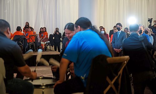 MIKE DEAL / WINNIPEG FREE PRESS
Prime Minister Trudeau watches drum songs being performed during the ceremony.
The Southern Chiefs Organization took posession of the downtown Winnipeg, Hudsons Bay Co. building during a two-hour ceremony Friday morning, which was attended by Prime Minister Trudeau, Manitoba Premier Heather Stefanson, Southern Chiefs Organization Grand Chief, Jerry Daniels, HBC Governor, Richard Baker, Ahmed Hussen, Minister of Housing and Diversity and Inclusion, Patty Hajdu, Minister of Indigenous Services Canada, and Dan Vandal, Minister of Northern Affairs and Minister responsible for Prairies Economic Development Canada. The vacant six-storey building, which opened in 1926 was closed in November 2020.
220422 - Friday, April 22, 2022.