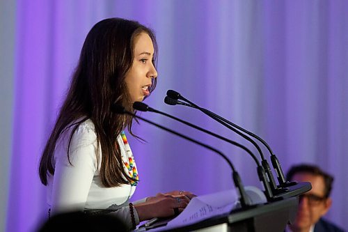 MIKE DEAL / WINNIPEG FREE PRESS
Oral Historian Sophia Smoke speaks during the ceremony sharing the highlights of the earlier
pipe and water ceremony with the guests.
The Southern Chiefs Organization took posession of the downtown Winnipeg, Hudsons Bay Co. building during a two-hour ceremony Friday morning, which was attended by Prime Minister Trudeau, Manitoba Premier Heather Stefanson, Southern Chiefs Organization Grand Chief, Jerry Daniels, HBC Governor, Richard Baker, Ahmed Hussen, Minister of Housing and Diversity and Inclusion, Patty Hajdu, Minister of Indigenous Services Canada, and Dan Vandal, Minister of Northern Affairs and Minister responsible for Prairies Economic Development Canada. The vacant six-storey building, which opened in 1926 was closed in November 2020.
220422 - Friday, April 22, 2022.