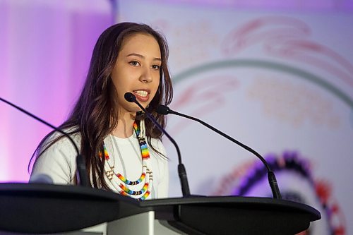 MIKE DEAL / WINNIPEG FREE PRESS
Oral Historian Sophia Smoke speaks during the ceremony sharing the highlights of the earlier
pipe and water ceremony with the guests.
The Southern Chiefs Organization took posession of the downtown Winnipeg, Hudsons Bay Co. building during a two-hour ceremony Friday morning, which was attended by Prime Minister Trudeau, Manitoba Premier Heather Stefanson, Southern Chiefs Organization Grand Chief, Jerry Daniels, HBC Governor, Richard Baker, Ahmed Hussen, Minister of Housing and Diversity and Inclusion, Patty Hajdu, Minister of Indigenous Services Canada, and Dan Vandal, Minister of Northern Affairs and Minister responsible for Prairies Economic Development Canada. The vacant six-storey building, which opened in 1926 was closed in November 2020.
220422 - Friday, April 22, 2022.