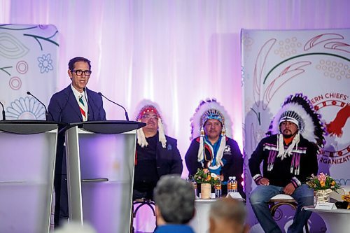 MIKE DEAL / WINNIPEG FREE PRESS
HBC Governor, Richard Baker speaks during the ceremony.
The Southern Chiefs Organization took posession of the downtown Winnipeg, Hudsons Bay Co. building during a two-hour ceremony Friday morning, which was attended by Prime Minister Trudeau, Manitoba Premier Heather Stefanson, Southern Chiefs Organization Grand Chief, Jerry Daniels, HBC Governor, Richard Baker, Ahmed Hussen, Minister of Housing and Diversity and Inclusion, Patty Hajdu, Minister of Indigenous Services Canada, and Dan Vandal, Minister of Northern Affairs and Minister responsible for Prairies Economic Development Canada. The vacant six-storey building, which opened in 1926 was closed in November 2020.
220422 - Friday, April 22, 2022.