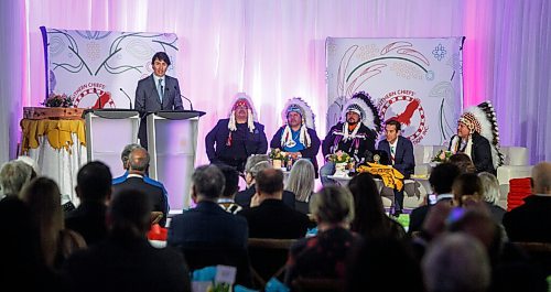 MIKE DEAL / WINNIPEG FREE PRESS
Prime Minister Justin Trudeau speaks during the ceremony.
The Southern Chiefs Organization took posession of the downtown Winnipeg, Hudsons Bay Co. building during a two-hour ceremony Friday morning, which was attended by Prime Minister Trudeau, Manitoba Premier Heather Stefanson, Southern Chiefs Organization Grand Chief, Jerry Daniels, HBC Governor, Richard Baker, Ahmed Hussen, Minister of Housing and Diversity and Inclusion, Patty Hajdu, Minister of Indigenous Services Canada, and Dan Vandal, Minister of Northern Affairs and Minister responsible for Prairies Economic Development Canada. The vacant six-storey building, which opened in 1926 was closed in November 2020.
220422 - Friday, April 22, 2022.