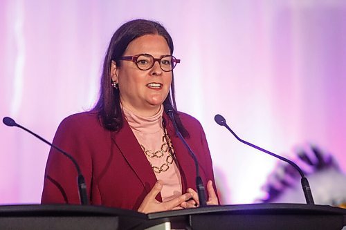 MIKE DEAL / WINNIPEG FREE PRESS
Manitoba Premier Heather Stefanson speaks during the ceremony.
The Southern Chiefs Organization took possession of the downtown Winnipeg, Hudsons Bay Co. building during a two-hour ceremony Friday morning, which was attended by Prime Minister Trudeau, Manitoba Premier Heather Stefanson, Southern Chiefs Organization Grand Chief, Jerry Daniels, HBC Governor, Richard Baker, Ahmed Hussen, Minister of Housing and Diversity and Inclusion, Patty Hajdu, Minister of Indigenous Services Canada, and Dan Vandal, Minister of Northern Affairs and Minister responsible for Prairies Economic Development Canada. The vacant six-storey building, which opened in 1926 was closed in November 2020.
220422 - Friday, April 22, 2022.