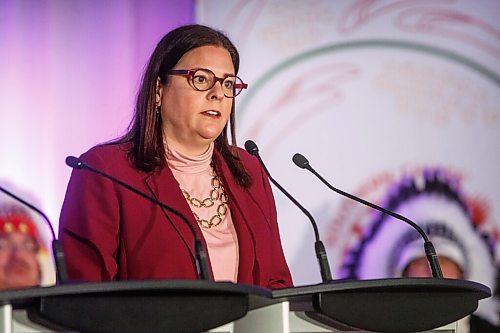 MIKE DEAL / WINNIPEG FREE PRESS
Manitoba Premier Heather Stefanson speaks during the ceremony.
The Southern Chiefs Organization took possession of the downtown Winnipeg, Hudsons Bay Co. building during a two-hour ceremony Friday morning, which was attended by Prime Minister Trudeau, Manitoba Premier Heather Stefanson, Southern Chiefs Organization Grand Chief, Jerry Daniels, HBC Governor, Richard Baker, Ahmed Hussen, Minister of Housing and Diversity and Inclusion, Patty Hajdu, Minister of Indigenous Services Canada, and Dan Vandal, Minister of Northern Affairs and Minister responsible for Prairies Economic Development Canada. The vacant six-storey building, which opened in 1926 was closed in November 2020.
220422 - Friday, April 22, 2022.