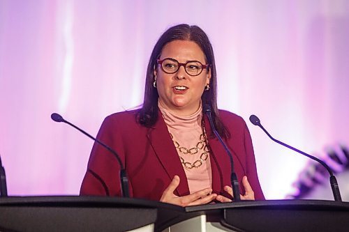 MIKE DEAL / WINNIPEG FREE PRESS
Manitoba Premier Heather Stefanson speaks during the ceremony.
The Southern Chiefs Organization took possession of the downtown Winnipeg, Hudsons Bay Co. building during a two-hour ceremony Friday morning, which was attended by Prime Minister Trudeau, Manitoba Premier Heather Stefanson, Southern Chiefs Organization Grand Chief, Jerry Daniels, HBC Governor, Richard Baker, Ahmed Hussen, Minister of Housing and Diversity and Inclusion, Patty Hajdu, Minister of Indigenous Services Canada, and Dan Vandal, Minister of Northern Affairs and Minister responsible for Prairies Economic Development Canada. The vacant six-storey building, which opened in 1926 was closed in November 2020.
220422 - Friday, April 22, 2022.