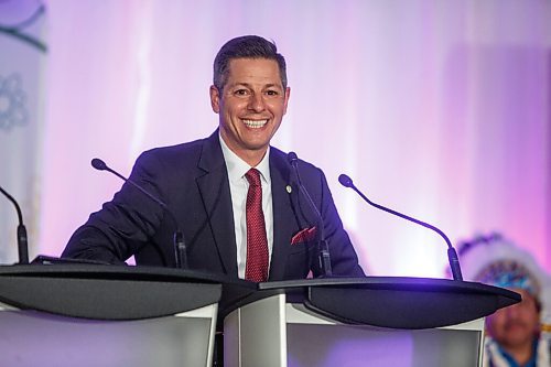 MIKE DEAL / WINNIPEG FREE PRESS
Winnipeg Mayor Brian Bowman speaks during the ceremony.
The Southern Chiefs Organization took possession of the downtown Winnipeg, Hudsons Bay Co. building during a two-hour ceremony Friday morning, which was attended by Prime Minister Trudeau, Manitoba Premier Heather Stefanson, Southern Chiefs Organization Grand Chief, Jerry Daniels, HBC Governor, Richard Baker, Ahmed Hussen, Minister of Housing and Diversity and Inclusion, Patty Hajdu, Minister of Indigenous Services Canada, and Dan Vandal, Minister of Northern Affairs and Minister responsible for Prairies Economic Development Canada. The vacant six-storey building, which opened in 1926 was closed in November 2020.
220422 - Friday, April 22, 2022.