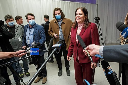 MIKE DEAL / WINNIPEG FREE PRESS
Manitoba Premier Heather Stefanson speaks to the media after the ceremony.
The Southern Chiefs Organization took posession of the downtown Winnipeg, Hudsons Bay Co. building during a two-hour ceremony Friday morning, which was attended by Prime Minister Trudeau, Manitoba Premier Heather Stefanson, Southern Chiefs Organization Grand Chief, Jerry Daniels, HBC Governor, Richard Baker, Ahmed Hussen, Minister of Housing and Diversity and Inclusion, Patty Hajdu, Minister of Indigenous Services Canada, and Dan Vandal, Minister of Northern Affairs and Minister responsible for Prairies Economic Development Canada. The vacant six-storey building, which opened in 1926 was closed in November 2020.
220422 - Friday, April 22, 2022.