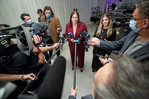 MIKE DEAL / WINNIPEG FREE PRESS
Manitoba Premier Heather Stefanson speaks to the media after the ceremony.
The Southern Chiefs Organization took posession of the downtown Winnipeg, Hudsons Bay Co. building during a two-hour ceremony Friday morning, which was attended by Prime Minister Trudeau, Manitoba Premier Heather Stefanson, Southern Chiefs Organization Grand Chief, Jerry Daniels, HBC Governor, Richard Baker, Ahmed Hussen, Minister of Housing and Diversity and Inclusion, Patty Hajdu, Minister of Indigenous Services Canada, and Dan Vandal, Minister of Northern Affairs and Minister responsible for Prairies Economic Development Canada. The vacant six-storey building, which opened in 1926 was closed in November 2020.
220422 - Friday, April 22, 2022.