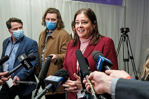 MIKE DEAL / WINNIPEG FREE PRESS
Manitoba Premier Heather Stefanson speaks to the media after the ceremony.
The Southern Chiefs Organization took posession of the downtown Winnipeg, Hudsons Bay Co. building during a two-hour ceremony Friday morning, which was attended by Prime Minister Trudeau, Manitoba Premier Heather Stefanson, Southern Chiefs Organization Grand Chief, Jerry Daniels, HBC Governor, Richard Baker, Ahmed Hussen, Minister of Housing and Diversity and Inclusion, Patty Hajdu, Minister of Indigenous Services Canada, and Dan Vandal, Minister of Northern Affairs and Minister responsible for Prairies Economic Development Canada. The vacant six-storey building, which opened in 1926 was closed in November 2020.
220422 - Friday, April 22, 2022.