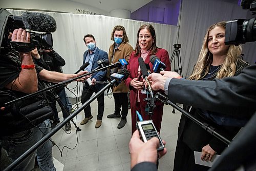 MIKE DEAL / WINNIPEG FREE PRESS
Manitoba Premier Heather Stefanson speaks to the media after the ceremony.
The Southern Chiefs Organization took posession of the downtown Winnipeg, Hudsons Bay Co. building during a two-hour ceremony Friday morning, which was attended by Prime Minister Trudeau, Manitoba Premier Heather Stefanson, Southern Chiefs Organization Grand Chief, Jerry Daniels, HBC Governor, Richard Baker, Ahmed Hussen, Minister of Housing and Diversity and Inclusion, Patty Hajdu, Minister of Indigenous Services Canada, and Dan Vandal, Minister of Northern Affairs and Minister responsible for Prairies Economic Development Canada. The vacant six-storey building, which opened in 1926 was closed in November 2020.
220422 - Friday, April 22, 2022.