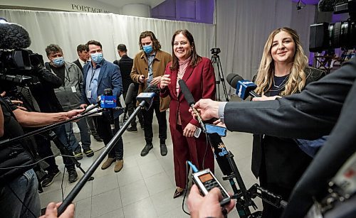 MIKE DEAL / WINNIPEG FREE PRESS
Manitoba Premier Heather Stefanson speaks to the media after the ceremony.
The Southern Chiefs Organization took posession of the downtown Winnipeg, Hudsons Bay Co. building during a two-hour ceremony Friday morning, which was attended by Prime Minister Trudeau, Manitoba Premier Heather Stefanson, Southern Chiefs Organization Grand Chief, Jerry Daniels, HBC Governor, Richard Baker, Ahmed Hussen, Minister of Housing and Diversity and Inclusion, Patty Hajdu, Minister of Indigenous Services Canada, and Dan Vandal, Minister of Northern Affairs and Minister responsible for Prairies Economic Development Canada. The vacant six-storey building, which opened in 1926 was closed in November 2020.
220422 - Friday, April 22, 2022.