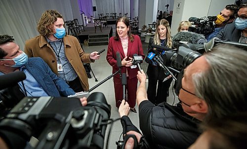 MIKE DEAL / WINNIPEG FREE PRESS
Manitoba Premier Heather Stefanson speaks to the media after the ceremony.
The Southern Chiefs Organization took posession of the downtown Winnipeg, Hudsons Bay Co. building during a two-hour ceremony Friday morning, which was attended by Prime Minister Trudeau, Manitoba Premier Heather Stefanson, Southern Chiefs Organization Grand Chief, Jerry Daniels, HBC Governor, Richard Baker, Ahmed Hussen, Minister of Housing and Diversity and Inclusion, Patty Hajdu, Minister of Indigenous Services Canada, and Dan Vandal, Minister of Northern Affairs and Minister responsible for Prairies Economic Development Canada. The vacant six-storey building, which opened in 1926 was closed in November 2020.
220422 - Friday, April 22, 2022.