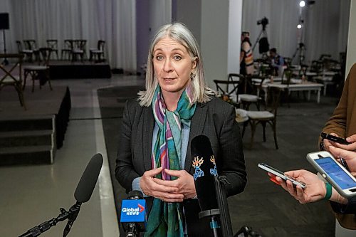 MIKE DEAL / WINNIPEG FREE PRESS
Patty Hajdu, Minister of Indigenous Services Canada, speaks to reporters after the ceremony.
The Southern Chiefs Organization took posession of the downtown Winnipeg, Hudsons Bay Co. building during a two-hour ceremony Friday morning, which was attended by Prime Minister Trudeau, Manitoba Premier Heather Stefanson, Southern Chiefs Organization Grand Chief, Jerry Daniels, HBC Governor, Richard Baker, Ahmed Hussen, Minister of Housing and Diversity and Inclusion, Patty Hajdu, Minister of Indigenous Services Canada, and Dan Vandal, Minister of Northern Affairs and Minister responsible for Prairies Economic Development Canada. The vacant six-storey building, which opened in 1926 was closed in November 2020.
220422 - Friday, April 22, 2022.