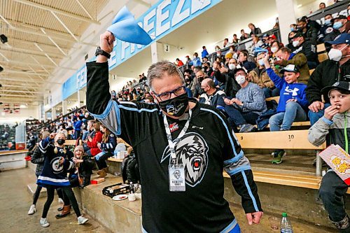Daniel Crump / Winnipeg Free Press. Winnipeg icon, Dancing Gabe, pumps up fans as the Winnipeg Ice take on the visiting Prince Albert Raiders in game one, round one, of the WHL playoffs, at Wayne Fleming Arena in Winnipeg. April 22, 2022.