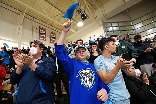 Daniel Crump / Winnipeg Free Press. Winnipeg Ice fans cheer during the first period of the game. The Winnipeg Ice take on the visiting Prince Albert Raiders in game one, round one, of the WHL playoffs, at Wayne Fleming Arena in Winnipeg. April 22, 2022.