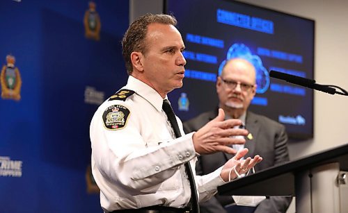 RUTH BONNEVILLE / WINNIPEG FREE PRESS

Local - Police HQ

WPS Chief, Danny Smyth, speaks at a news conference on new technology to help front-line officers at Winnipeg Police Service Headquarters, on Monday.  Justice minister, Kelvin Goertzen, next to him, also spoke at conference. 

See Erik's story

April 25th,  2022
