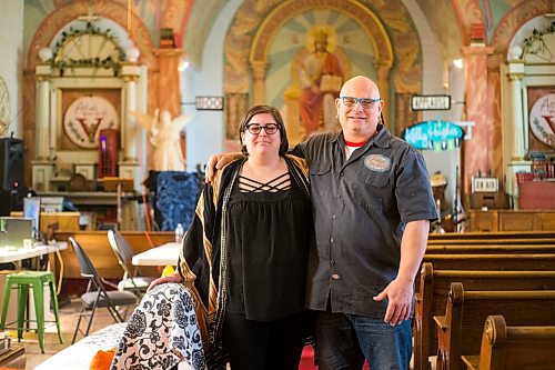 MIKAELA MACKENZIE / WINNIPEG FREE PRESS

Andy Vaile (left) and Kelly Hughes pose for a portrait in the Valiant Theatre space, which is in a church at the corner of Logan Avenue and Fountain Street, in Winnipeg on Tuesday, April 26, 2022. For Janine LeGal story.
Winnipeg Free Press 2022.