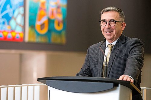 MIKAELA MACKENZIE / WINNIPEG FREE PRESS

Faculty of Kinesiology and Recreation Management dean Douglas Brown speaks at the unveiling of new Indigenous art by artist Kristin Flattery at the Active Living Centre at the University of Manitoba in Winnipeg on Tuesday, April 26, 2022.
Winnipeg Free Press 2022.