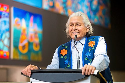 MIKAELA MACKENZIE / WINNIPEG FREE PRESS

Elder Wandbi Wakita speaks at the unveiling of new Indigenous art by artist Kristin Flattery at the Active Living Centre at the University of Manitoba in Winnipeg on Tuesday, April 26, 2022.
Winnipeg Free Press 2022.