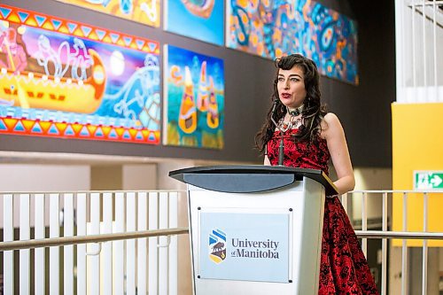 MIKAELA MACKENZIE / WINNIPEG FREE PRESS

Indigenous artist Kristin Flattery speaks at the unveiling of her art at the Active Living Centre at the University of Manitoba in Winnipeg on Tuesday, April 26, 2022.
Winnipeg Free Press 2022.