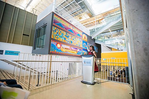 MIKAELA MACKENZIE / WINNIPEG FREE PRESS

Indigenous artist Kristin Flattery speaks at the unveiling of her art at the Active Living Centre at the University of Manitoba in Winnipeg on Tuesday, April 26, 2022.
Winnipeg Free Press 2022.