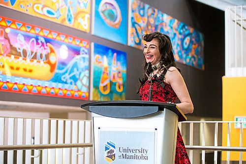 MIKAELA MACKENZIE / WINNIPEG FREE PRESS

Indigenous artist Kristin Flattery speaks at the unveiling of her art at the Active Living Centre at the University of Manitoba in Winnipeg on Tuesday, April 26, 2022.
Winnipeg Free Press 2022.