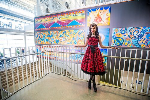 MIKAELA MACKENZIE / WINNIPEG FREE PRESS

Indigenous artist Kristin Flattery poses for a portrait at the unveiling of her art at the Active Living Centre at the University of Manitoba in Winnipeg on Tuesday, April 26, 2022.
Winnipeg Free Press 2022.