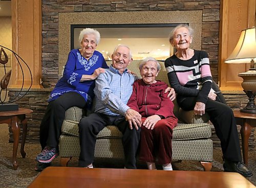 RUTH BONNEVILLE / WINNIPEG FREE PRESS

LOCAL - Holocaust survivors


Portrait of siblings and Holocaust survivors Ruth Zimmer (95). Sol Fink (97), Sally Singer (100) and Anne Novak (99) at  The Shaftsbury on Tuesday. 

They might be the oldest living Holocaust survivors, and they live in Winnipeg. They came here in 1948 and are recording their stories for the Last-Chance Testimony Collection at the University of Southern California Shoah Foundation collection. 

The women all live in the same assisted living facility in the Charleswood/Tuxedo area. Sol lives nearby. 


April 26th,  2022
