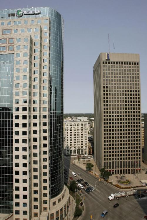 MIKE.DEAL@FREEPRESS.MB.CA 100819 - Thursday, August 19, 2010 -  A look at Portage and Main intersection in the heart of Winnipeg's Downtown from the top of the RBC Building. The Can West Global Place on the left and the Richardson Building on the right with the National Bank building in the centre. MIKE DEAL / WINNIPEG FREE PRESS