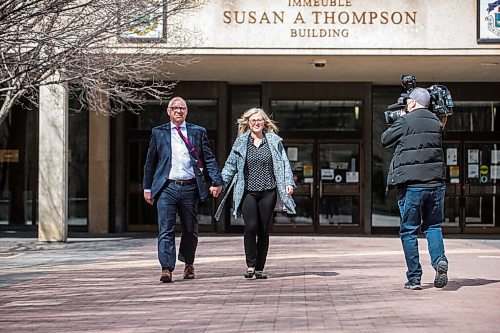 MIKAELA MACKENZIE / WINNIPEG FREE PRESS

Scott Gillingham walks out of the clerk's office with his wife, Marla, after registering for the mayoral race at City Hall in Winnipeg on Monday, May 2, 2022. For Joyanne story.
Winnipeg Free Press 2022.