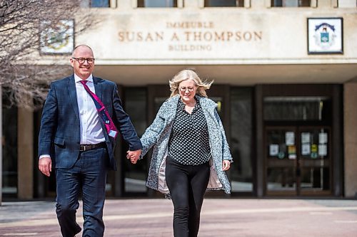 MIKAELA MACKENZIE / WINNIPEG FREE PRESS

Scott Gillingham walks out of the clerk's office with his wife, Marla, after registering for the mayoral race at City Hall in Winnipeg on Monday, May 2, 2022. For Joyanne story.
Winnipeg Free Press 2022.