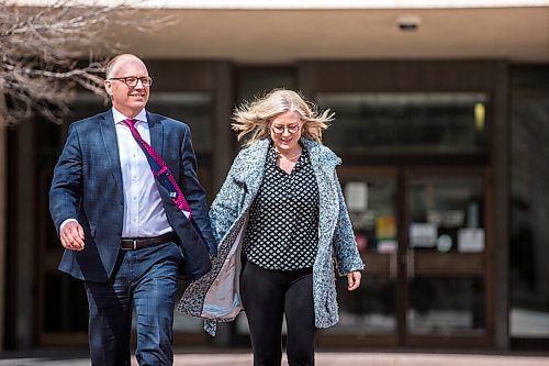 MIKAELA MACKENZIE / WINNIPEG FREE PRESS

Scott Gillingham walks out of the clerk's office with his wife, Marla, after registering for the mayoral race at City Hall in Winnipeg on Monday, May 2, 2022. For Joyanne story.
Winnipeg Free Press 2022.