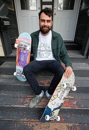 JOHN WOODS / WINNIPEG FREE PRESS
Matt Cline, a Winnipeg grade 7/8 school teacher, is photographed outside his home Tuesday, May 3, 2022. Cline started Inclined Kids two years ago to help buy skateboard gear and teach skateboarding to at-risk or underprivileged youth. This year, the organization is running a raffle of one of a kind skateboard decks, designed by local artists. The raffle happens on Friday.

Re: Waldman