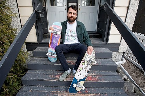 JOHN WOODS / WINNIPEG FREE PRESS
Matt Cline, a Winnipeg grade 7/8 school teacher, is photographed outside his home Tuesday, May 3, 2022. Cline started Inclined Kids two years ago to help buy skateboard gear and teach skateboarding to at-risk or underprivileged youth. This year, the organization is running a raffle of one of a kind skateboard decks, designed by local artists. The raffle happens on Friday.

Re: Waldman
