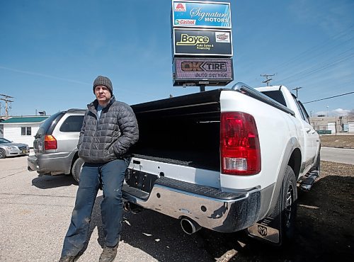JOHN WOODS / WINNIPEG FREE PRESS
Rob Boyce, a Winnipeg auto dealer, is photographed outside his business with a damaged truck, Tuesday, May 3, 2022. Boyce has experienced many incidents of auto part thefts from his vehicles that sit on his lots.

Re: gabby