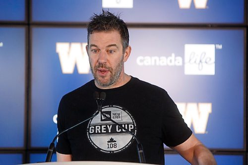 MIKE DEAL / WINNIPEG FREE PRESS
Winnipeg Blue Bombers General Manager Kyle Walters speaks to the media at IG Field, Thursday morning, the day after the 2022 CFL draft.
220504 - Wednesday, May 04, 2022.