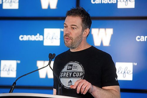 MIKE DEAL / WINNIPEG FREE PRESS
Winnipeg Blue Bombers General Manager Kyle Walters speaks to the media at IG Field, Thursday morning, the day after the 2022 CFL draft.
220504 - Wednesday, May 04, 2022.