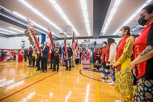 MIKAELA MACKENZIE / WINNIPEG FREE PRESS

RRC Polytech president Fred Meier leads the flag ceremony during a graduation Pow Wow in Winnipeg on Friday, May 6, 2022. For Malak Abas story.
Winnipeg Free Press 2022.